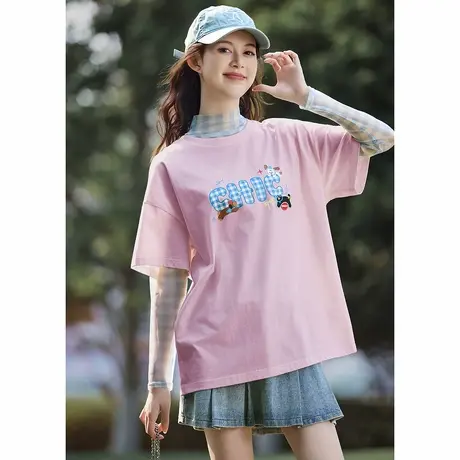 唐狮夏季新款圆领格子拼接短袖T恤女时尚洋气小个子宽松上衣图片