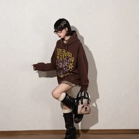 YEP复古雅丹风印花连帽卫衣女春秋新款美式潮牌帽衫宽松情侣外套商品大图
