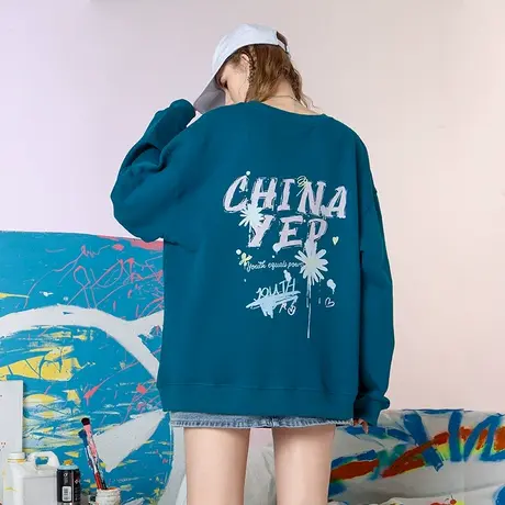 YEP湖蓝色卫衣女潮ins韩版宽松春秋薄款欧美小个子圆领无帽上衣商品大图