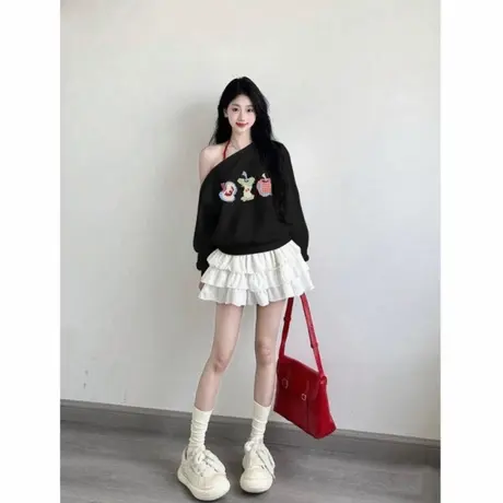 美式辣妹露肩黑色卫衣女2025秋季新款宽松小个子苹果印花学生上衣商品大图