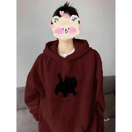 ins超火酒红色薄款卫衣女秋季宽松显瘦bf慵懒风连帽外套上衣百搭商品大图