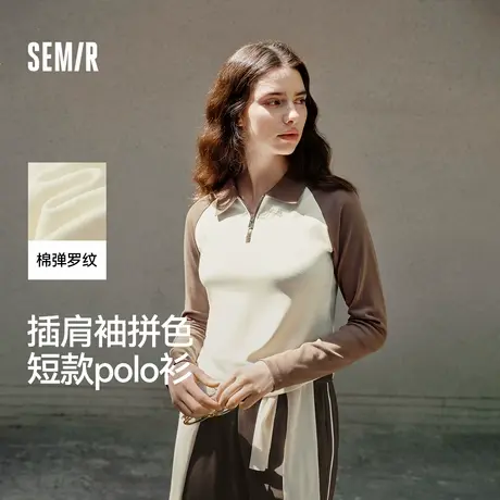森马POLO衫女短款拼色插肩袖修身上衣小个子复古秋显瘦套头衫时XY商品大图