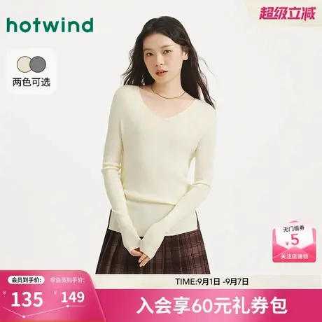 热风女士早秋长袖针织衫2025年秋季新款修身V领显瘦内搭针织衫商品大图