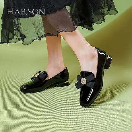 哈森乐福鞋女春秋新款方头粗跟小皮鞋复古淑女风单鞋HS247006商品大图