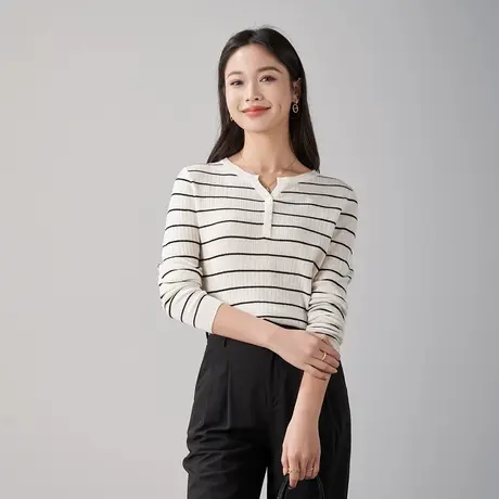 娅丽达v领条纹羊毛针织衫女2025春秋新款上衣小个子气质T恤打底衫商品大图