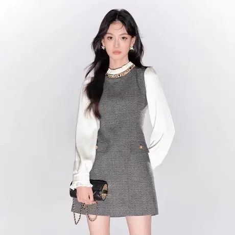 爵莱菲大码新款法式名媛千金风长袖连衣裙女小香风高级a字裙子商品大图