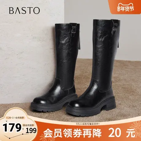 百思图2025冬季新款骑士靴时尚潮流街头粗跟女长靴F2271DG5图片