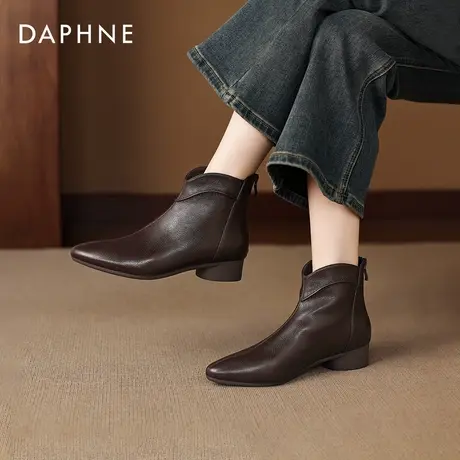 达芙妮短靴女2025秋冬新款尖头粗跟瘦瘦靴棕色通勤加绒切尔西靴女图片