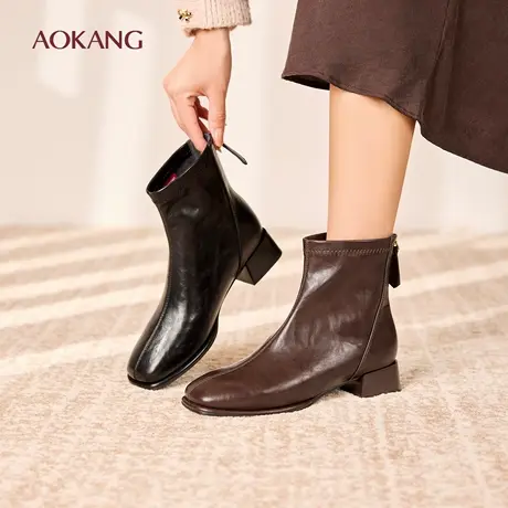 奥康 女鞋冬季时装靴精致方圆头不累脚方跟舒适透气百搭短靴图片