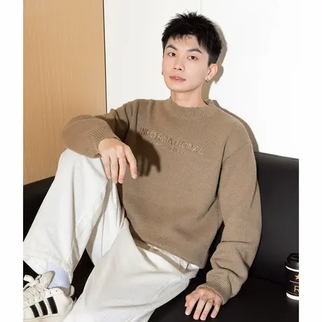 唐狮冬季新款半高领毛衣韩系休闲宽松文字细节高级感男装毛衫TD商品大图