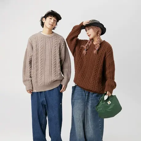 日系慵懒风麻花毛衣女秋冬2023新款爆款针织衫复古宽松情侣装外套商品大图