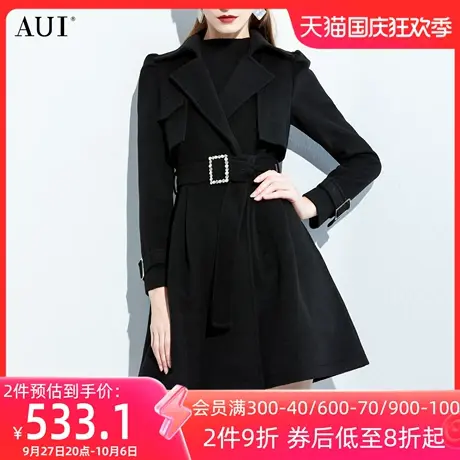 AUI赫本风小个子黑色毛呢外套2023女冬新款气质修身西装呢子大衣商品大图