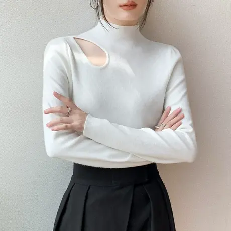 半高领长袖针织衫女装2023秋冬新品镂空露肩设计感西装内搭打底衫图片