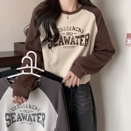 拼接撞色插肩长袖T恤女2023秋冬新款宽松短款德绒磨毛加厚上衣服图片