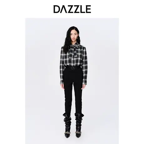 【七七酱专享】DAZZLE地素奥莱秋通勤格纹蝴蝶结系带长袖衬衫内搭商品大图