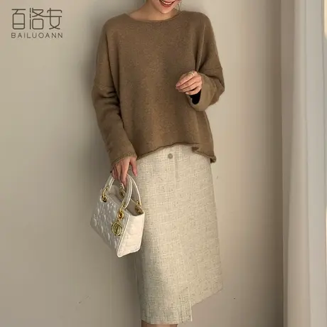 百洛安慵懒风宽松长袖套头毛衣女秋装新款百搭软糯圆领卷边针织衫图片
