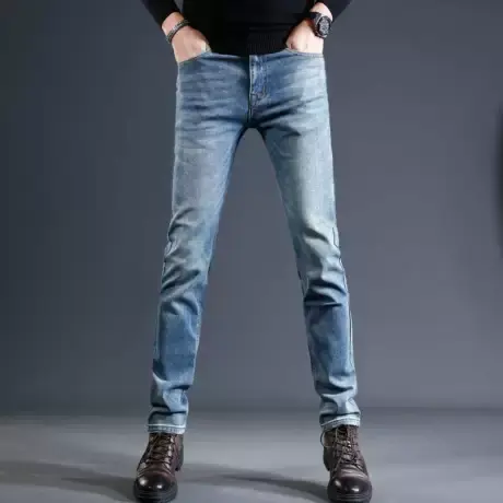 欧美高端男士牛仔裤2023秋冬新款蓝色潮牌修身小脚潮流弹力裤子男商品大图