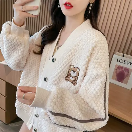 小个子羊羔毛外套女秋冬韩版宽松大码加绒加厚高级感保暖开衫卫衣商品大图