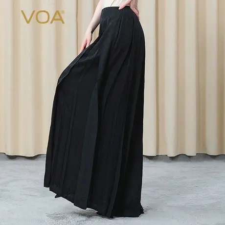 VOA真丝神秘黑暗纹提花中腰立体拼贴简约百搭透气桑蚕丝阔腿长裤图片