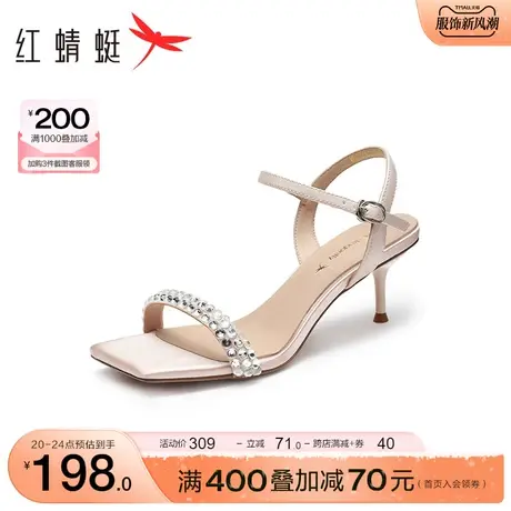 红蜻蜓一字带凉鞋夏季新款女方头镶钻低跟外穿高级感仙女风高跟鞋商品大图