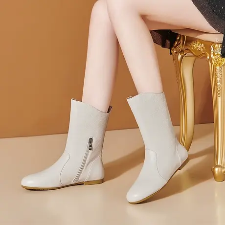 牛皮中筒靴女2023年新款小圆头平跟靴子休闲时尚马丁靴真皮短靴女商品大图