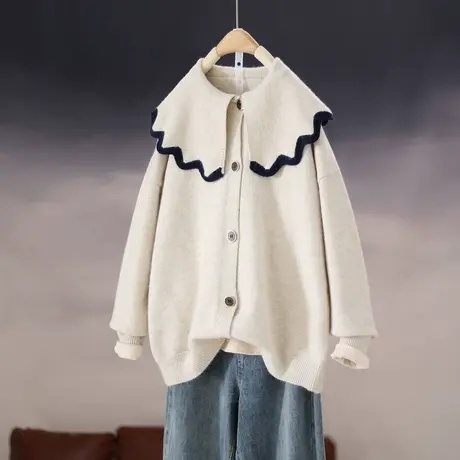 2023春季新款韩版宽松娃娃领针织衫女士百搭上衣开衫外套长袖毛衣商品大图