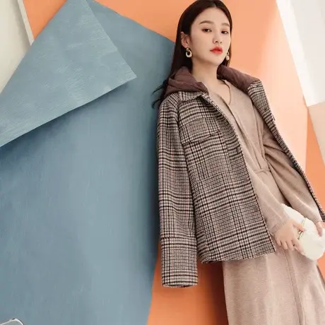 桔熊秋冬季英伦风可拆连帽千鸟菱格子保暖夹棉外套女装大码EA3034图片