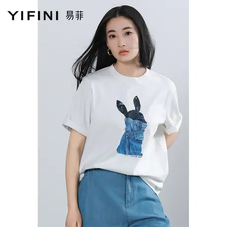 Yifini/易菲宽松短袖印花圆领T恤女夏季新款时尚简约百搭上衣商品大图