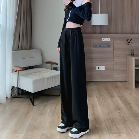 黑色窄版阔腿裤女2024春秋新款高腰垂感慵懒宽松休闲直筒针织裤子图片