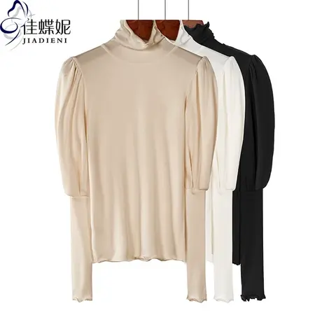 秋冬新款韩版高领荷叶边灯笼袖纯色加绒加厚长袖体恤上衣外穿女装商品大图