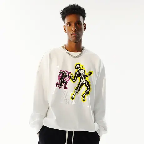 oversize套头无帽美式圆领骷髅卫衣潮牌男潮春季大码潮流上衣男款商品大图