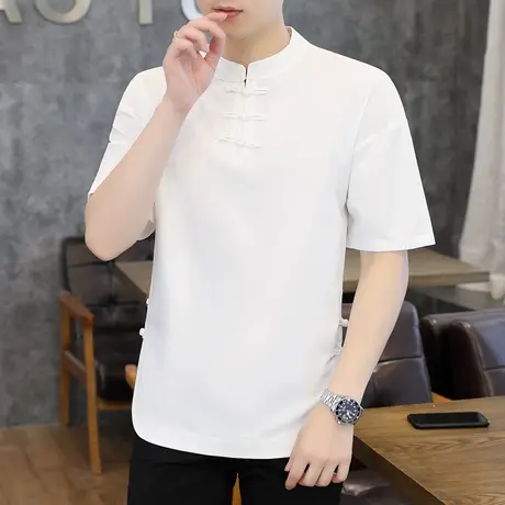 夏季中式立领t恤男士短袖中国风唐装盘扣男装复古风侧边开叉上衣图片