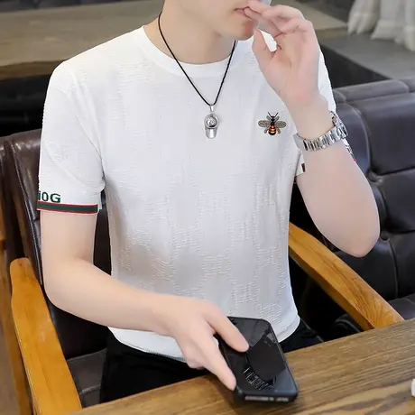 冰丝圆领短袖t恤男士薄款蜜蜂刺绣针织百搭体恤衫夏装半袖上衣男T商品大图