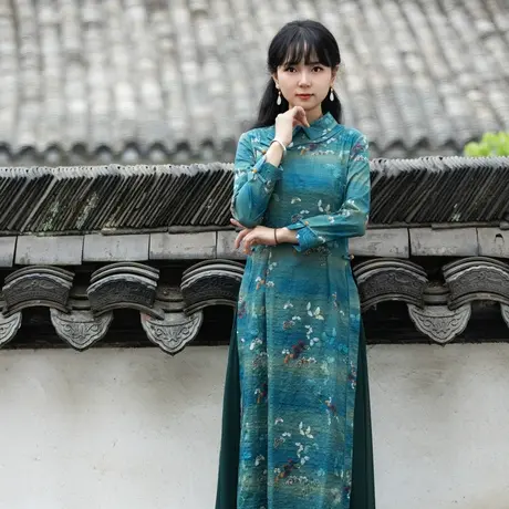 筠雅奥黛旗袍中国风连衣裙女收腰显瘦长款年轻复古气质日常裙子图片