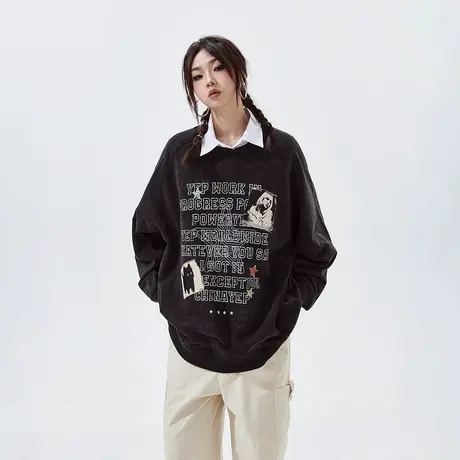 YEP美式复古黑色套头卫衣女2023新款潮牌情侣上衣炒雪花oversize图片