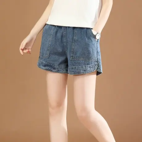 韩潮袭人松紧高腰开叉阔腿牛仔短裤女2024夏季新款宽松哈伦热裤薄图片