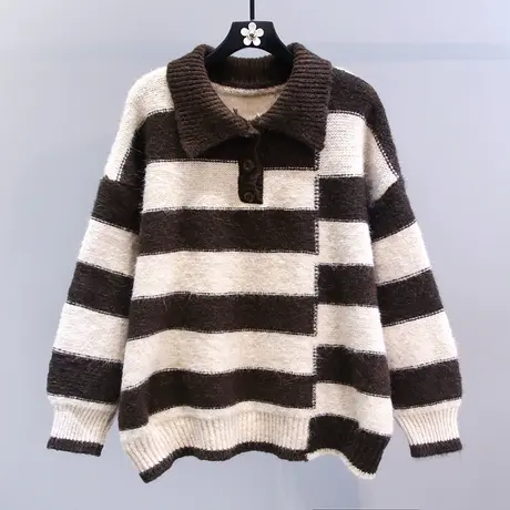 慵懒风条纹polo领毛衣女秋冬2023新款宽松外穿高级感加厚针织衫商品大图