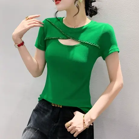性感镂空短袖T恤女2024夏装新款时尚手工钉珠小衫修身网纱上衣ins商品大图