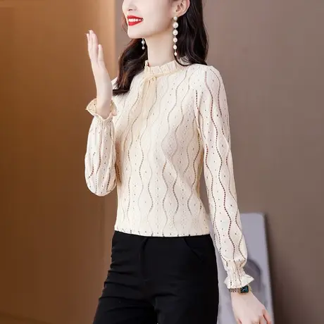 蕾丝衫女早秋2023新款气质漂亮时尚女上衣秋季长袖打底衫女雪纺衫图片