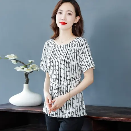 短袖遮肚雪纺衫女2023夏季新款妈妈洋气上衣收腰显瘦漂亮时尚小衫图片