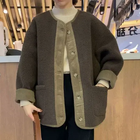 咖色羊羔绒毛衣开衫外套女加绒加厚冬季拼接灯芯绒vintage棒球服商品大图