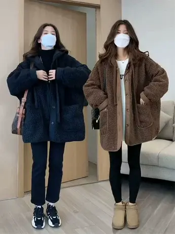 羊羔绒外套女2023秋冬时尚新款拼接假两件卫衣连帽宽松百搭大衣潮商品大图