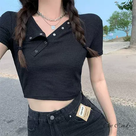 基础款纽扣短袖t恤女小个子ins潮夏季新款韩版修身半袖高腰上衣短图片