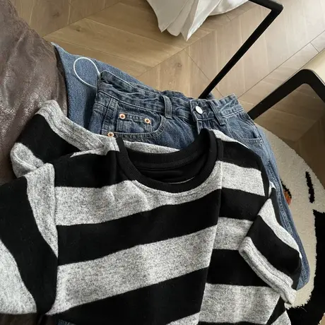 短袖t恤女2022夏季新款韩版ins潮黑灰条纹宽松洋气百搭半袖上衣服商品大图