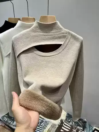 秋冬洋气加绒加厚小众设计感半高领毛衣中领一体绒打底衫女士内搭商品大图