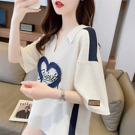 设计感小众短袖t恤女夏季韩版宽松华夫格翻领撞色小个子半袖上衣图片