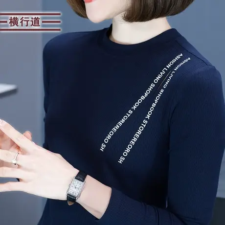 字母印花黑色打底衫上衣2025半高领妈妈长袖新款t恤女装镂空春装商品大图