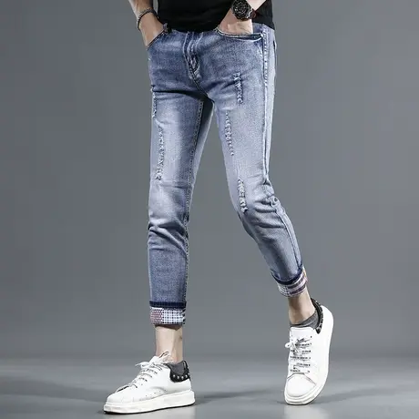 高街蓝色破洞九分牛仔裤男修身小脚男士百搭弹力个性休闲薄款裤子商品大图