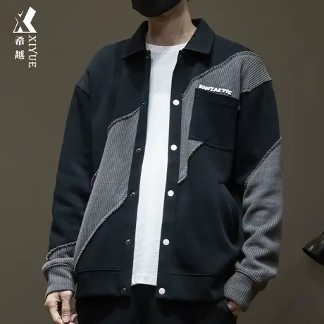 秋冬撞色拼接衬衫式卫衣男350g重磅毛织外套宽松大码韩系男士衬衣商品大图