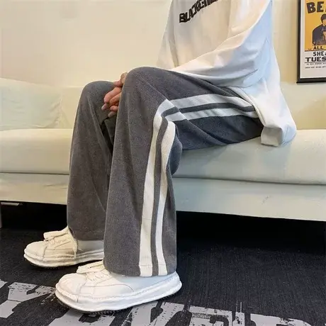 撞边条纹灯芯绒裤子男秋季潮牌宽松垂感直筒长裤阔腿宽松休闲卫裤商品大图